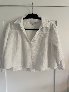 Abbeline White Cotton Gauze V-Neck Cropped Long Sleeve